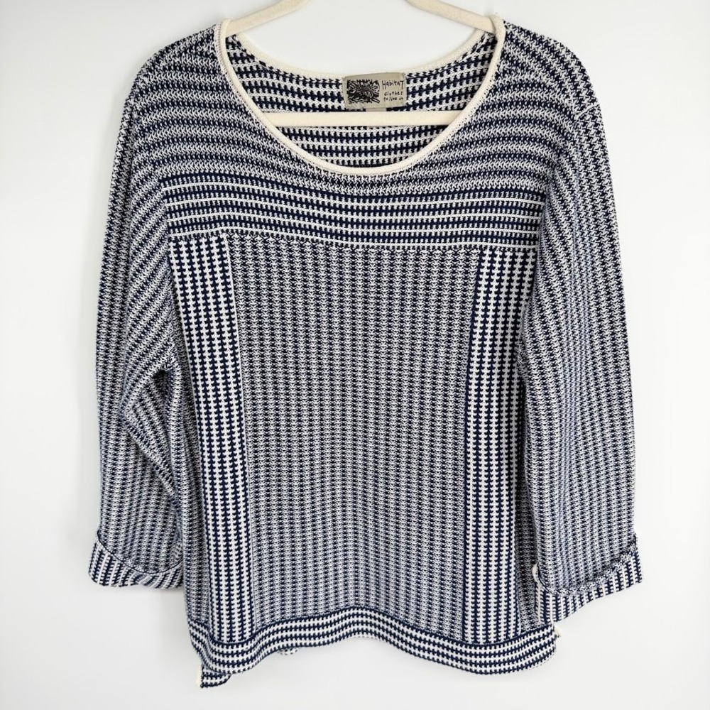 Habitat Roll Neck Tunic Sweater Size L Blue White Textured Knit Pullover Coastal